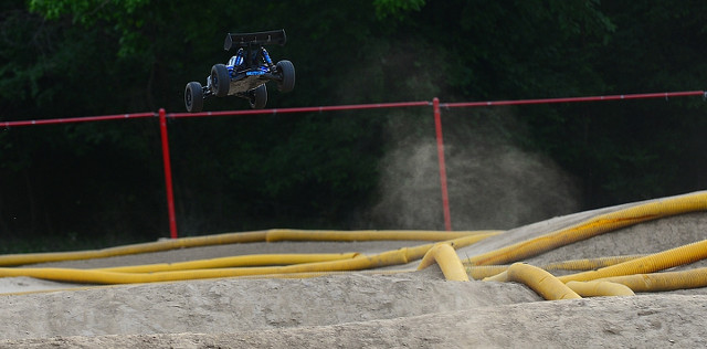 Image of an Associated RC8.2e at the apex of a jump.